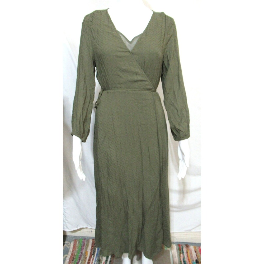 Lucky Brand Elyse Size Small Olive Green Long Sleeve Wrap Dress With Liner